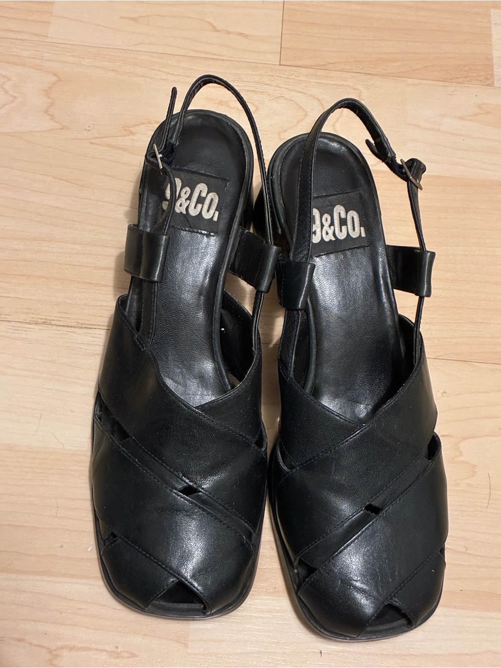 9&Co. y2k Black Leather Slingback Peep Toe Strappy Buckle Block Heel Womens 9